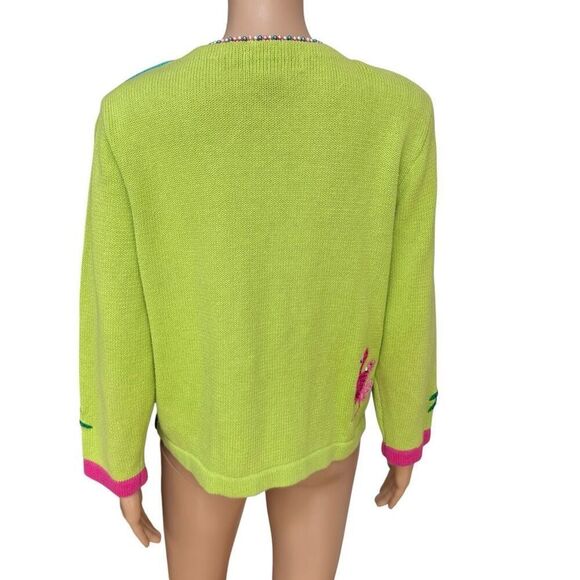 Jack B Quick Colorful Art-to-Wear Flamingo Island Fun Florida Palm Sweater Sz M - Picture 3 of 6
